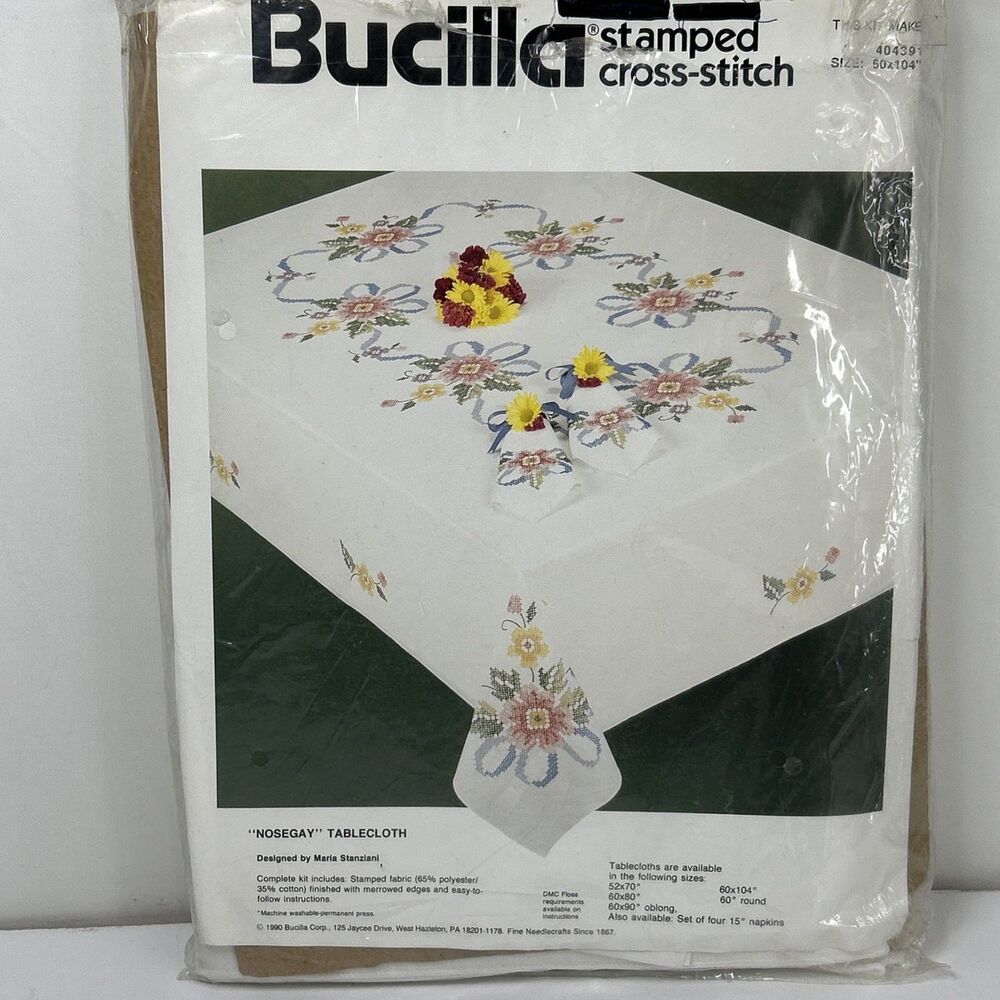 Bucilla Stamped Cross Stitch Nosegay Tablecloth Kit 50x104” Floral Spring Pastel